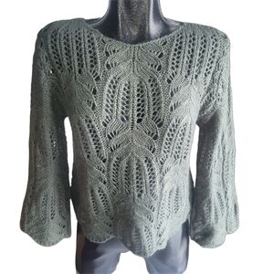 Chelsea & Theodore Olive Green Pointelle Open Knit Sweater